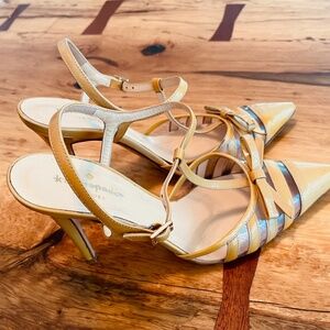 KATE SPADE NY ITALY 7.5B VERO CUOIO Yellow Patent Strappy Heels PUMPS